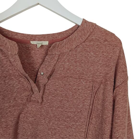EASEL Top Raw Hem Heather Rose 3/4 Sleeves Snap V-Neck - Large - Picture 3 of 8